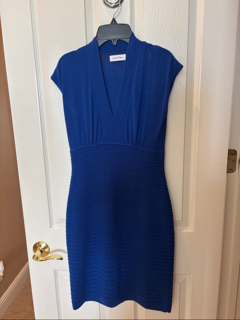 Calvin Klein Cobalt V-Neck Cap Sleeve Midi Dress